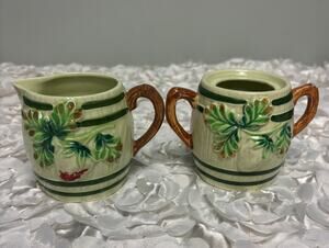 Vintage Majolica Style Barrel Creamer & Sugar Bowl Set